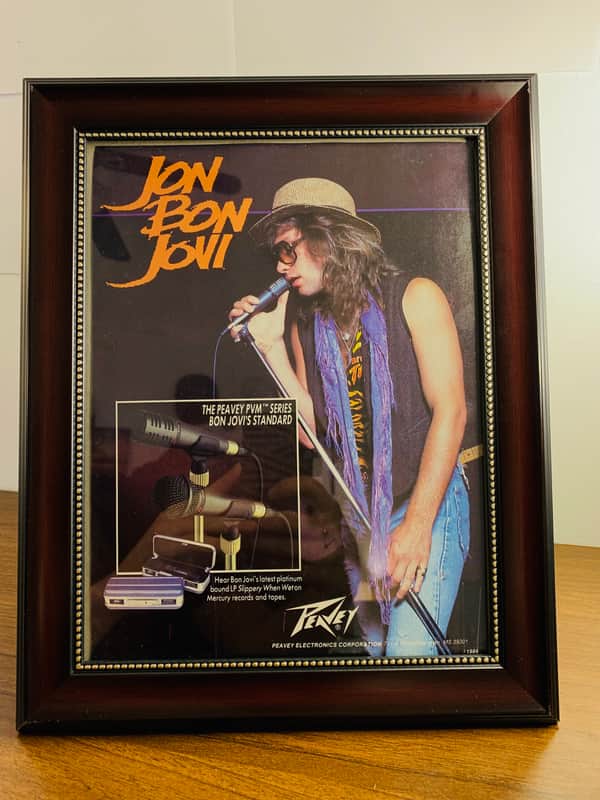 |Original| 1987 Peavey Promotional Ad Featuring Jon Bon Jovi with PVM Series Mic |Framed| image 1