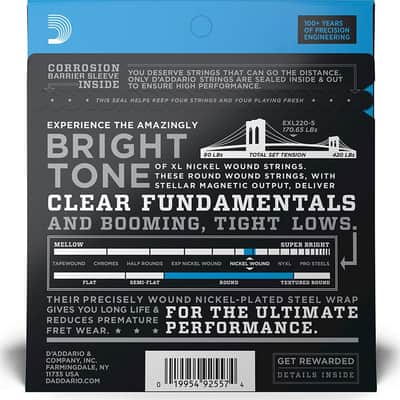 D'Addario EXL220-5 XL Regular Light Nickel 5-String Bass Strings, 40-125 Long Scale image 2