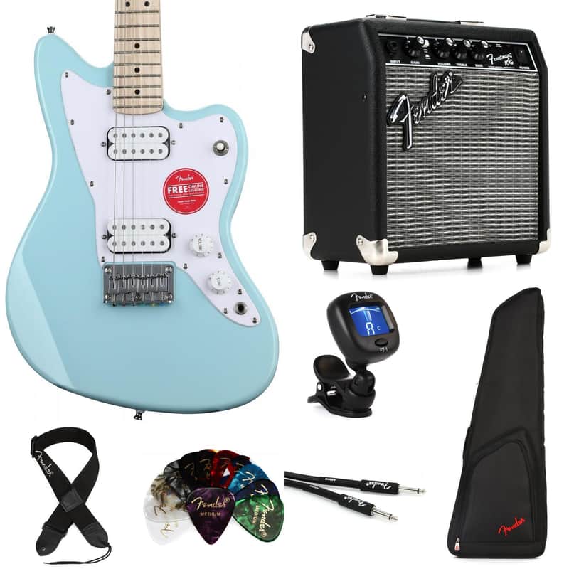 Squier Mini Jazzmaster HH Electric Guitar and Fender Frontman 10 Amp Essentials Bundle- Daphne Blue image 1