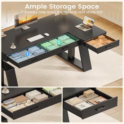 59" L-Shaped Electric Standing Producer Desk – Black Studio Workstation with Drawers, Power Outlets & Monitor Stand image 3