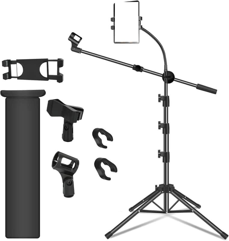 Mic Stand, Microphone Stand Floor Boom Mic Stand with Tablet Phone Holder Height Adjustable Four-legged Stand Gooseneck Boom Arm with 2 Mic Clips for Singing Stage Performance Party image 1