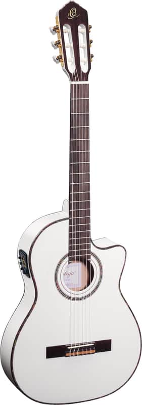 Ortega Guitars RCE145WH Family Series Pro Slim Neck Acoustic Electric Thinline Nylon Classical 6-String Guitar w/ Free Bag, Solid Canadian Engelmann Spruce Top and Mahogany Body, White Gloss Finish image 1