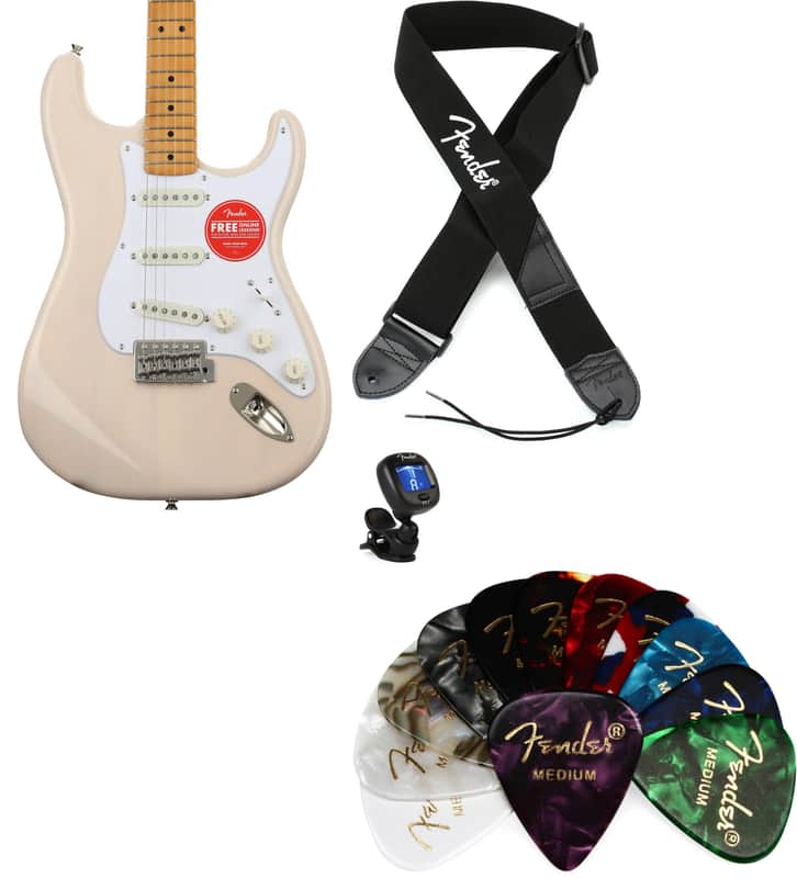 Squier Classic Vibe '50s Stratocaster - White Blonde Bundle with Fender 2" Polyester Logo Strap - Black with White Logo... (4 Items) image 1
