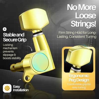 Acoustic Guitar Tuning Pegs - 3x3 Chrome Finish Acoustic and Electric Guitar Tuner Pegs - 6 Pieces Locking Keys String Tuner Machine Heads Knobs Replacement, Gold image 4