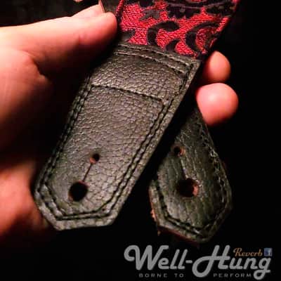 Well-Hung "Lunch with Lucifer" 3" wide padded guitar strap in Red Damask /Black Leather image 2