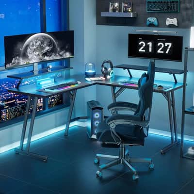 51-Inch L-Shaped Music Studio Desk with LED Lighting & Dual Monitor Stands – Producer Workstation image 1