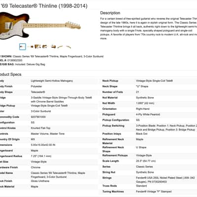 Fender Classic Series '69 Telecaster Thinline Guitar with Case 2009 - 3-Color Sunburst / Maple neck image 24