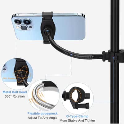 Mic Stand Phone Holder, Cell Phone Holder for Mic Stand, Adjustable Flexible Pole Phone Mount for Microphone, Music, Drum Stand, for Smartphone image 2