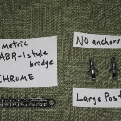 lightly used Epiphone B-2 metric ABR-1 vintage style bridge, wired,  CHROME, large posts mounting pieces (NO anchors) 1990s/2000s (for some import guitars that use this style bridge) will NOT fit on Gibson - mounting holes are too big image 1