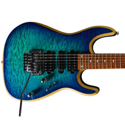 Bootlegger Guitar Royal Coil Split, HHH, Clear Blue Quilted Maple, Double Lock Tremolo , Case image 3