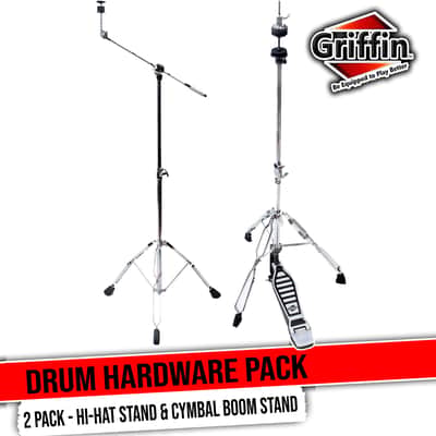 GRIFFIN Hi-Hat Pedal & Cymbal Boom Stand Kit (Percussion TiltPro X Edition) 2 Pack – Chrome Drum Hardware with Pull Chain, Counterweight & Double-Braced Legs image 1