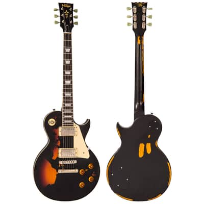 Vintage V100 ICON Electric Guitar ~ Distressed Black Over Sunburst image 3