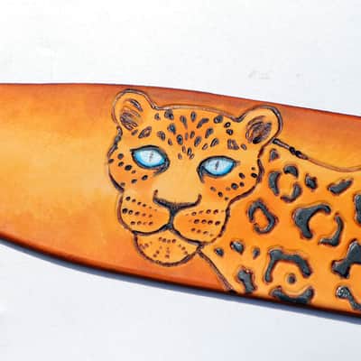 burnyblack custom made guitar strap leather - leopard pattern 1 yellow image 15