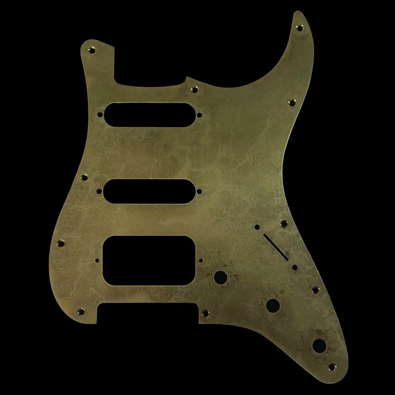 Made-to-Order - Stratocaster 11-hole HSS UNCOVERED Humbucker Pickguard Scratchplate for Fender - Aged Gold Brass - Hand-finished image 1