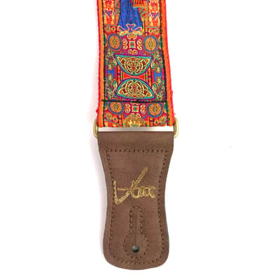 Handmade Red Irish Celtic Book Of Kells Hemp Guitar Strap by VTAR, with Brass Details and Brown Vegan Leather. For Acoustic, Bass and Electric image 4