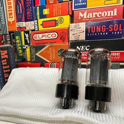 2x Vintage Matched Sawtooth Mullard GZ34 5AR4 ~ F32 B3A5 / B3XX etch codes ~ Authentic Blackburn Gt Britain ~ Grail Top '60s Rectifier Tubes ~ Musical Warm Dynamic Liquid Vintage Audio ~ 101/100 102/102 % Gm ~ Faint Labels image 1