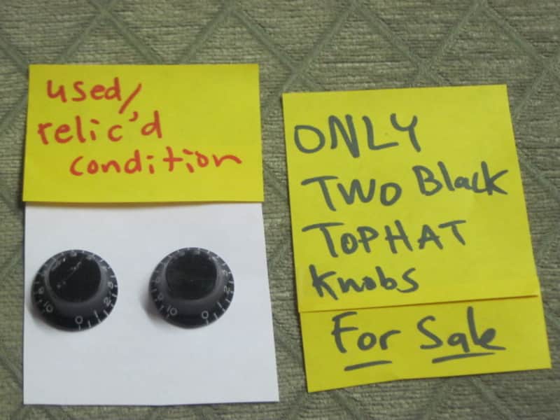one pair (2 individual knobs) used relic'd genuine Gibson Black TOP HAT Knobs (model PRHK-010) knobs have some visible imperfections from use (the other two knobs from the from the PRHK-010 set are NOT included) image 1