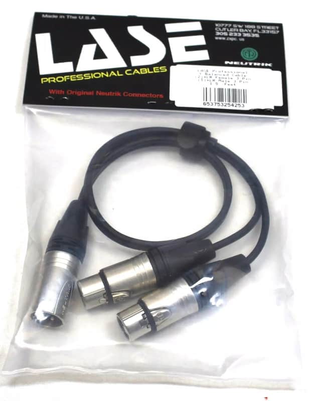 LASE  LASE 1.5ft Y Cable w/ NEUTRIK One NC3MXX 3-Pin XLR Male to Two NC3FXXX Female image 1