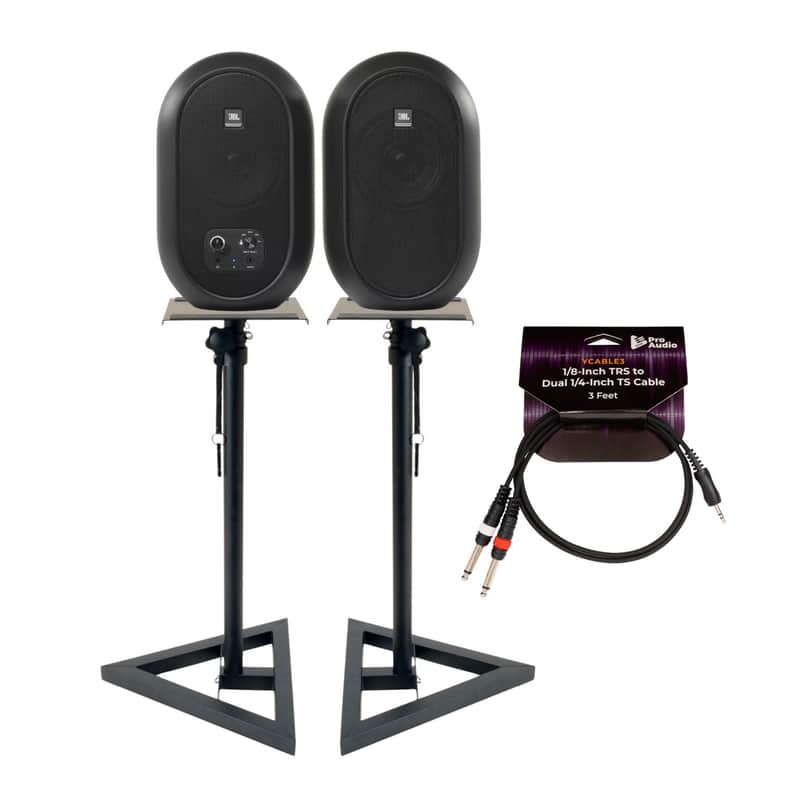 JBL Desktop Bluetooth Monitors Pair bundle with Speaker Stands and XLR Cable image 1