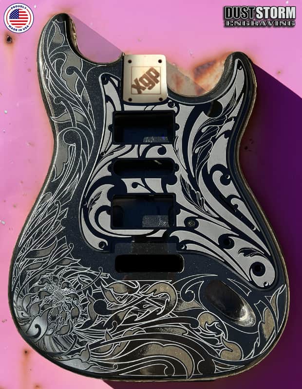 Black Sparkle XGP Stratocaster Style Laser Engraved Guitar Body with Solid Black Acrylic Pickguard and Tremolo Cover HSH, HSS, SSS Setups Available image 1