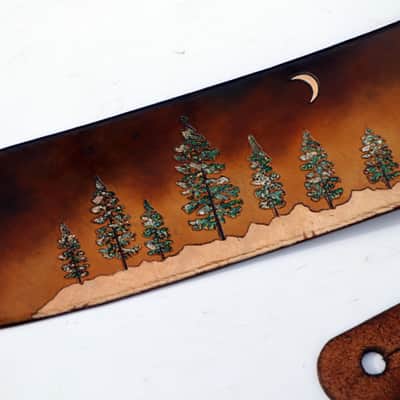 Burny Black Custom Guitar Strap - Pine trees Forest - Vegitable tanned leather For Acoustic or Electric Guitars made to order - oil image 11
