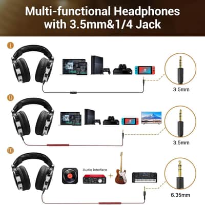 Wired Over Ear Headphones Studio Monitor & Mixing DJ Stereo Headsets with 50mm Neodymium Drivers and 1/4 to 3.5mm Jack for AMP Computer Recording Podcast Keyboard Guitar Laptop - Black image 3