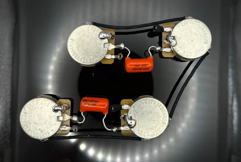 Gibson Les Paul 50s style wiring harness with Sprague Orange Drop 0.022uF capacitors and split long shaft audio taper pots image 1