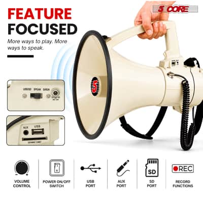 5 Core Megaphone Speaker 100W Loud Rechargeable Bullhorn w Built-in Siren image 5