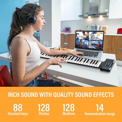 88 Keys Roll Up Piano, Upgraded Portable Rechargeable Hand Roll Piano Keyboard, 128 Rhythms, 128 Tones, Roll Out Keyboard Piano With Led Display Midi Function, Best Gift For Kids And Beginners image 2