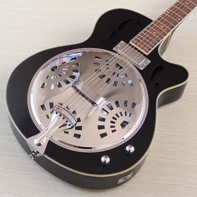 Black Single Cut Dobro Resonator Guitar, Laminated Spruce Top, Sapele Body, Okoume Neck image 1