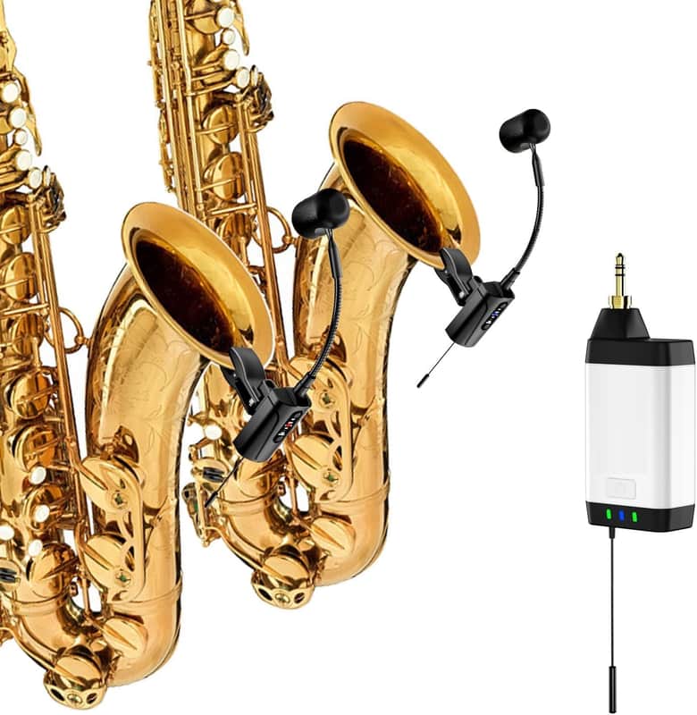 Dual UHF Saxophone Wireless Sax Microphone Instrument UHF Condenser Pick Up Clip-on Mic 1 Receiver and 2 Transmitter System for Saxophone Horn Trumpet Trumbone image 1