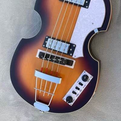 30" Short Scale Electric Violin Bass – Semi-Hollowbody, Flame Maple Back, Sunburst Finish image 4
