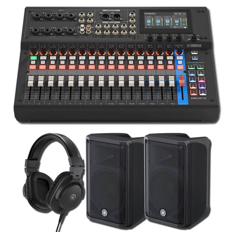 Yamaha MGX16 B 22-Channel Digital Mixing Console PA Bundle with 2x DBR10 700W Powered Loudspeakers and HPH-MT5 Studio Monitor Headphones image 1