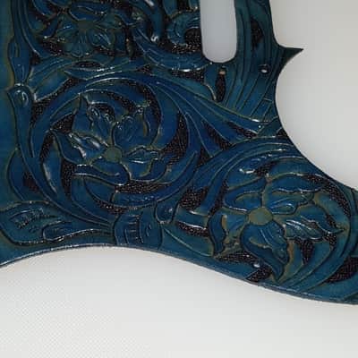Leather pickguard fits  Fender Telecaster 2018   "Floral Riffs"  turquoise and black image 2