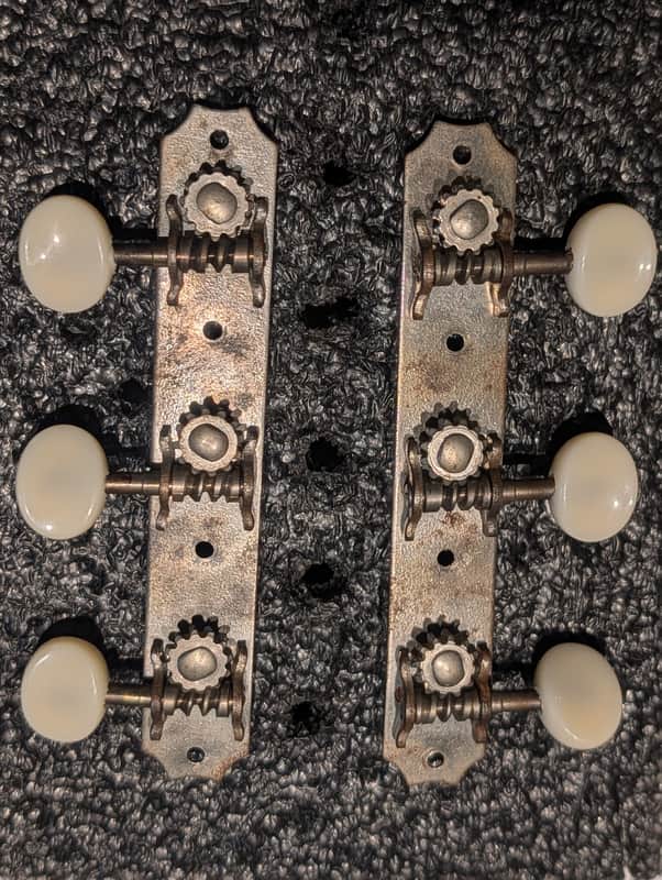 (#T75) Gibson Kluson Open Back Strip Tuners 1943-46 Wartime, Drop In Nickel 1/4" Shafts image 1