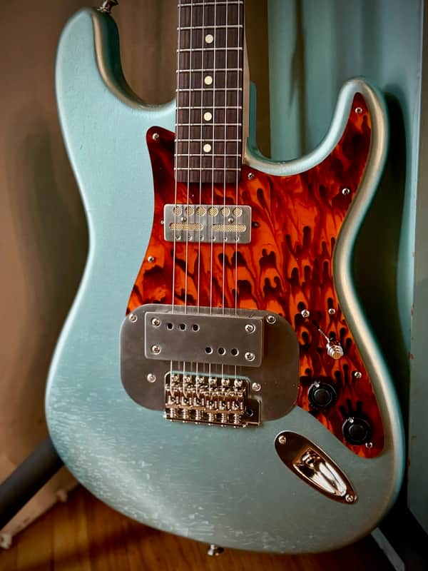 Waterslide Guitars S-Style Coodercaster Aged 'Blue Ice' Nitro, PLEK'd, Mojo Lap Steel+Teisco-Spec Gold Foil Pickups image 1