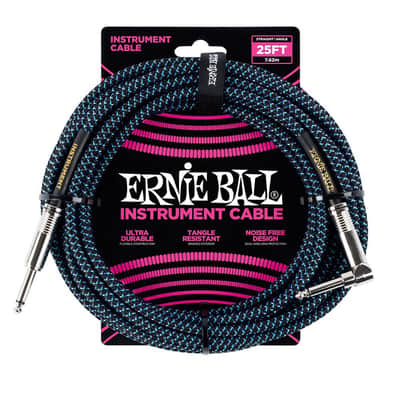 Ernie Ball Braided Instrument Cable, Straight/Angle, 25ft, Blue/Black (P06060)