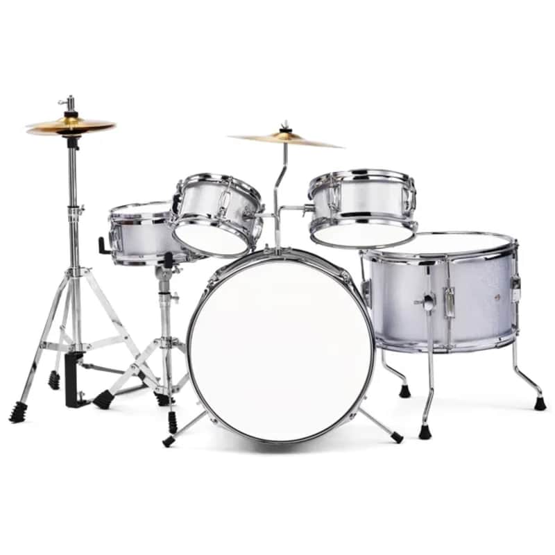 5-Piece Complete Junior Kids Drum Set Kit w/ Stool, Kick Pedal, Sticks & Tuning Key – Silver image 1