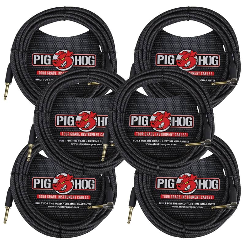 6 Pack Pig Hog PCH20BKR Black Woven ¼” TO ¼” Right Angle Instrument Cable, 20ft image 1
