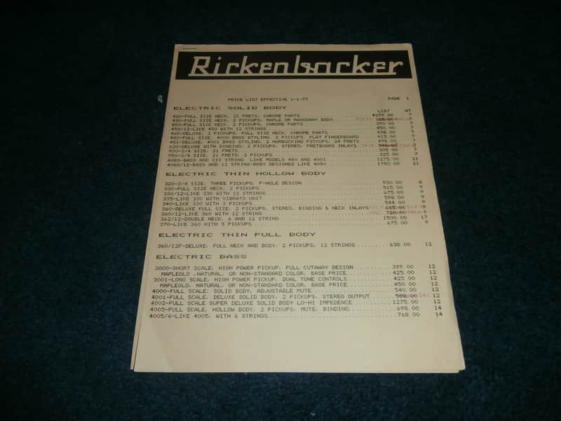 Vintage 1977 Rickenbacker Price List! Bass, Guitar, Cases, Accessories, Amps! image 1