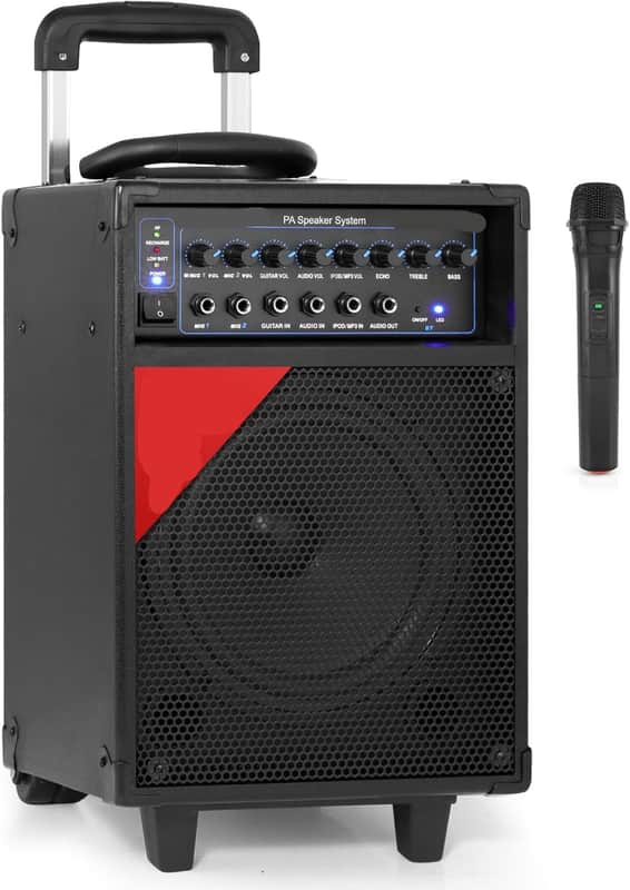 Wireless Portable PA System-400W Bluetooth Compatible Rechargeable Battery Powered Outdoor Sound Stereo Speaker Microphone Set w/Handle, Wheels-1/4 to AUX, RCA Cable image 1