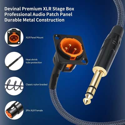 XLR Pass Through Cable, XLR Male Panel Mount to 1/4 inch TRS Connector Adapter, Mic Feed/Pass Thru Converter for Stage Box, Patch Panel, Floor Box 2-Pack 2FT (Male D-Type 6.35) image 3