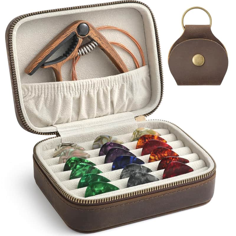 Genuine Leather Guitar Pick Case Holder Box, Acoustic Electric Guitar Accessories Gift for Guitar Player (Dark Brown) image 1