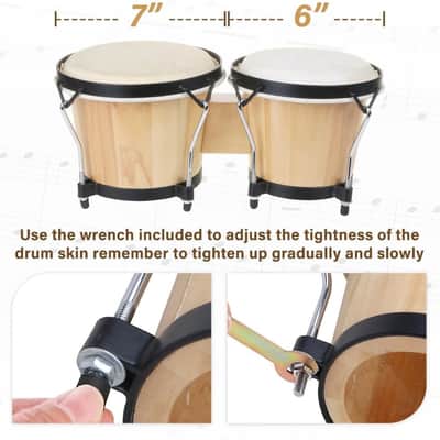 Bongo Drum Set 6 and 7 Inch for Adults & Beginners | Tunable Hand Percussion Instruments, Hickory Wood Shells, Metal Hardware with Tuning Wrench image 2