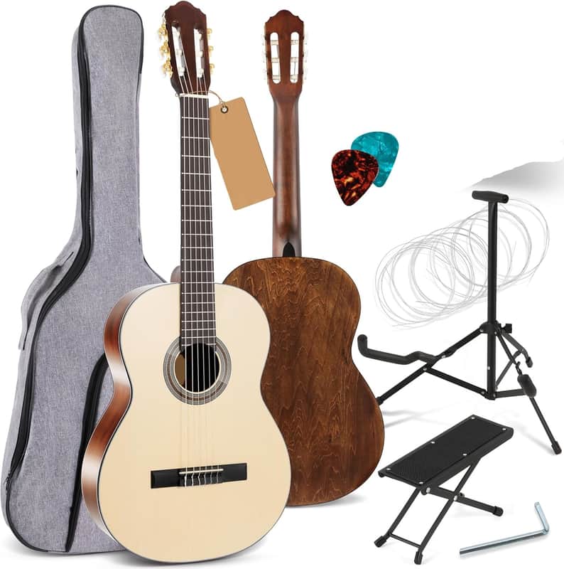 Solid Spruce Top Classical Acoustic Guitar Kit, 4/4 Full Size Classic All Wood Instrument with Gig Bag, Picks, Stand and Foot Stool, 39" Natural image 1