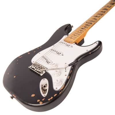 Vintage V6MR-BK Icon Series SSS with Maple Fretboard - Distressed Boulevard Black image 1