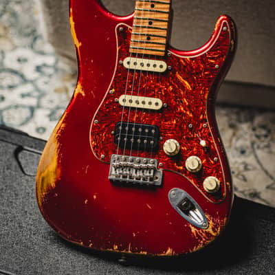 Luxxtone Choppa S Heavy Aging HSS-Candy Apple Red w/Tortoise Pickguard & 1-Piece Roasted Flame Maple Neck image 1