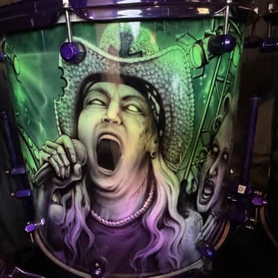 Rikki Rockett's Poison, Rockett Drum Works "Zombie" Kit: 22", 12", 14", 16", 6x14" Snare.  Purple Hardware 2012 - Custom Graphics By Craig Fraser. SIGNED! image 8