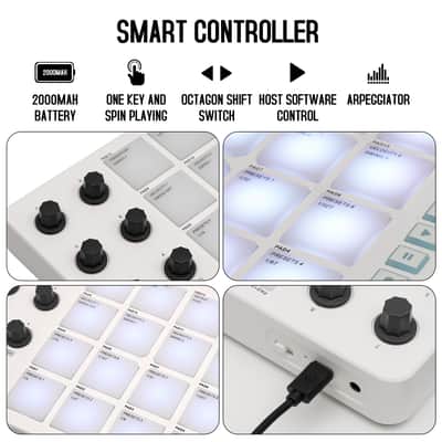 Wireless MIDI Controller Pads, Bluetooth Portable USB MIDI Controller with 16 Drum Pads, 8 Assignable Knobs, Note Repeat, Full Level Buttons, Rechargeable battery (White Pad) imagen 5