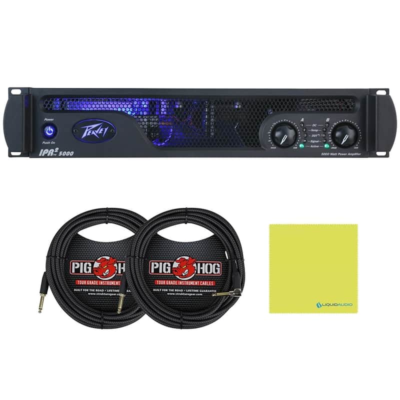 Peavey IPR2 5000 Power Amplifier Bundle with 2x 20ft Pig Hog Black Woven Instrument Cables and Polishing Cloth – 2-Channel Lightweight Professional Audio Amp image 1